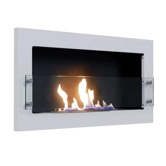 Modern white Texas bioethanol fireplace with flames on a white background