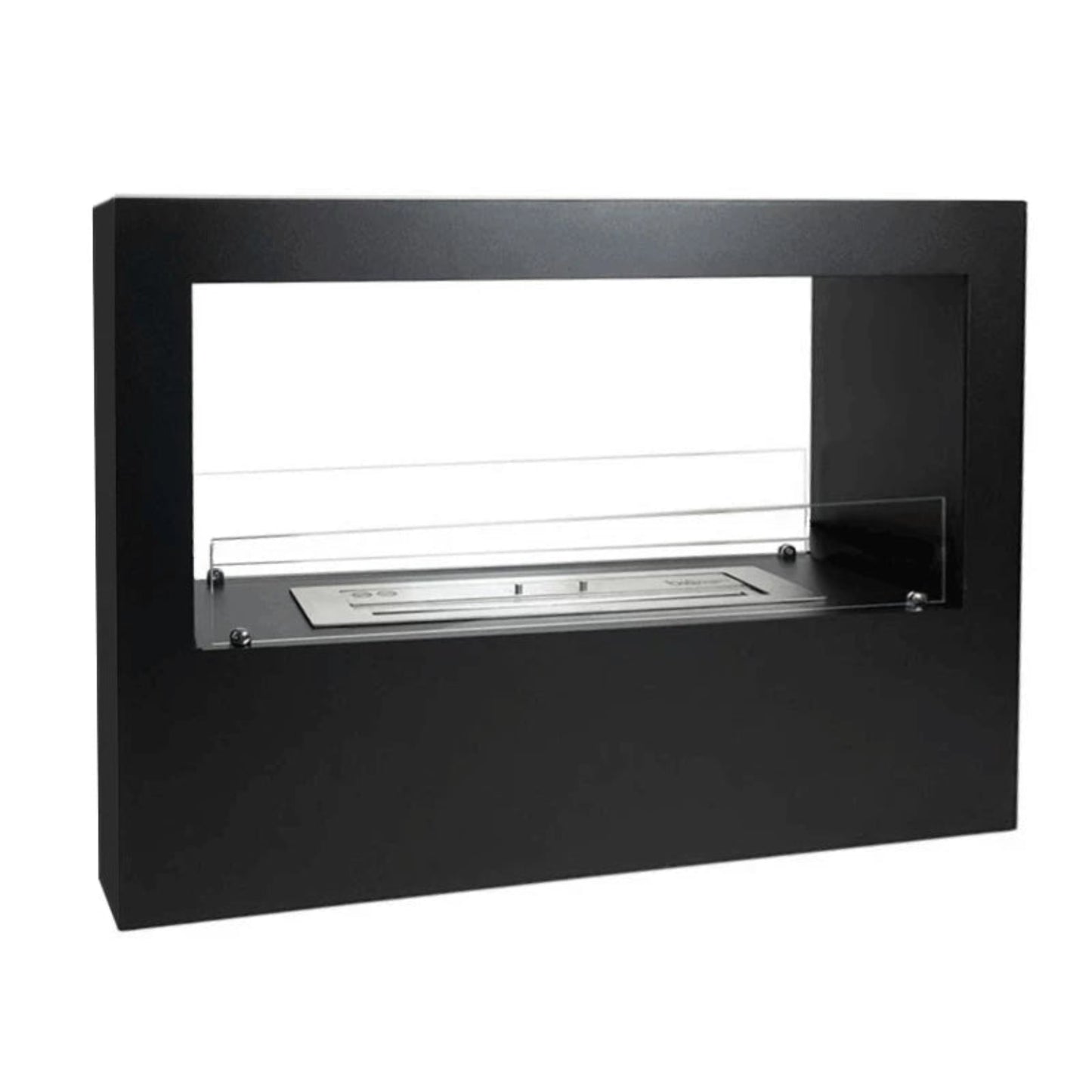 Modern black wall-mounted fireplace with glass door on a white background
