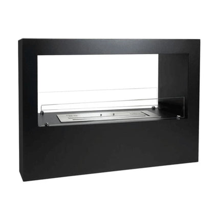 Modern black wall-mounted fireplace with glass door on a white background