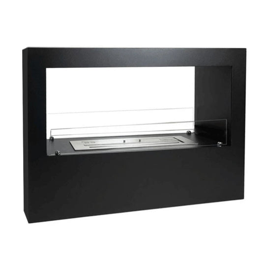 Modern black wall-mounted fireplace with glass door on a white background