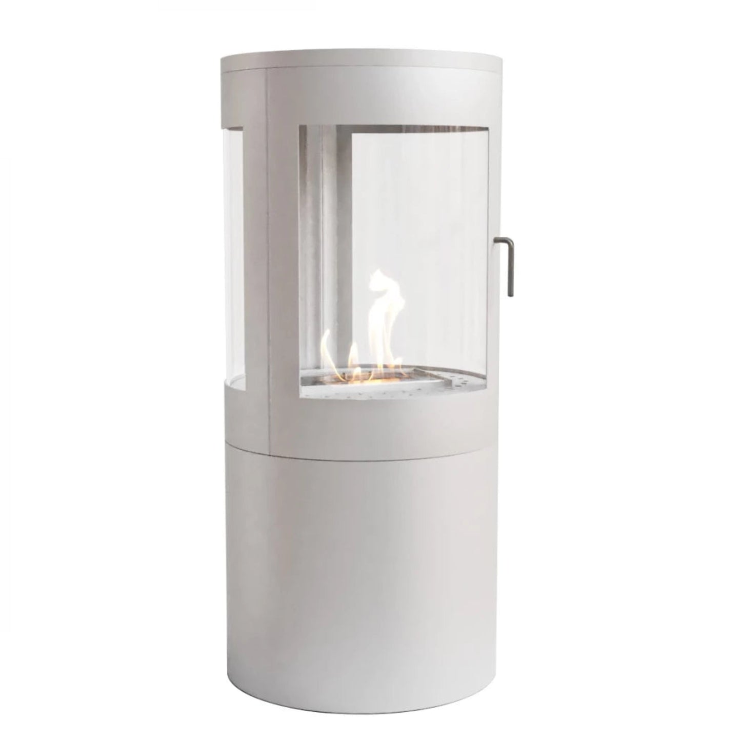 Cylindrical ScandiFlames Bio Wood Stove in White with 360° Flameview with glass cover on a white background