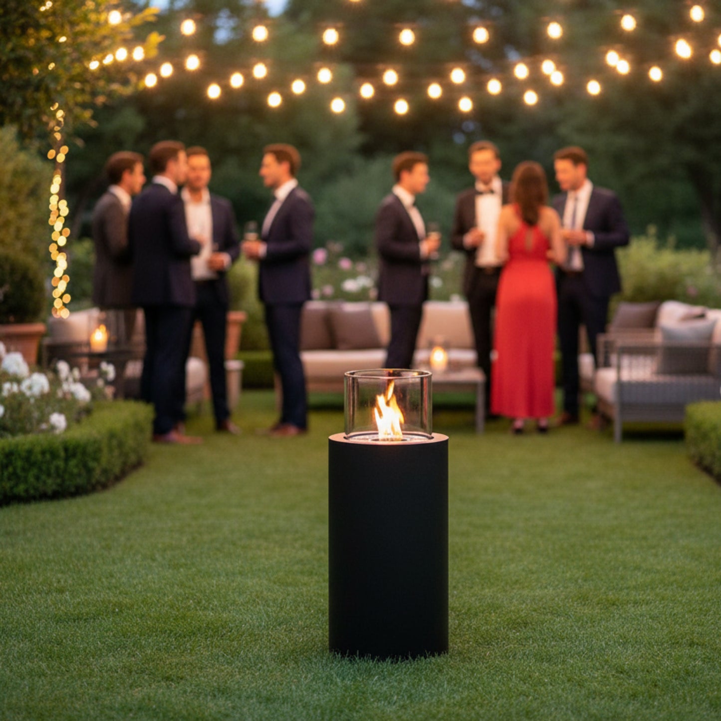 Black cylindrical  Scandiflames Dualis Bioethanol fire with a clear glass top at a garen party