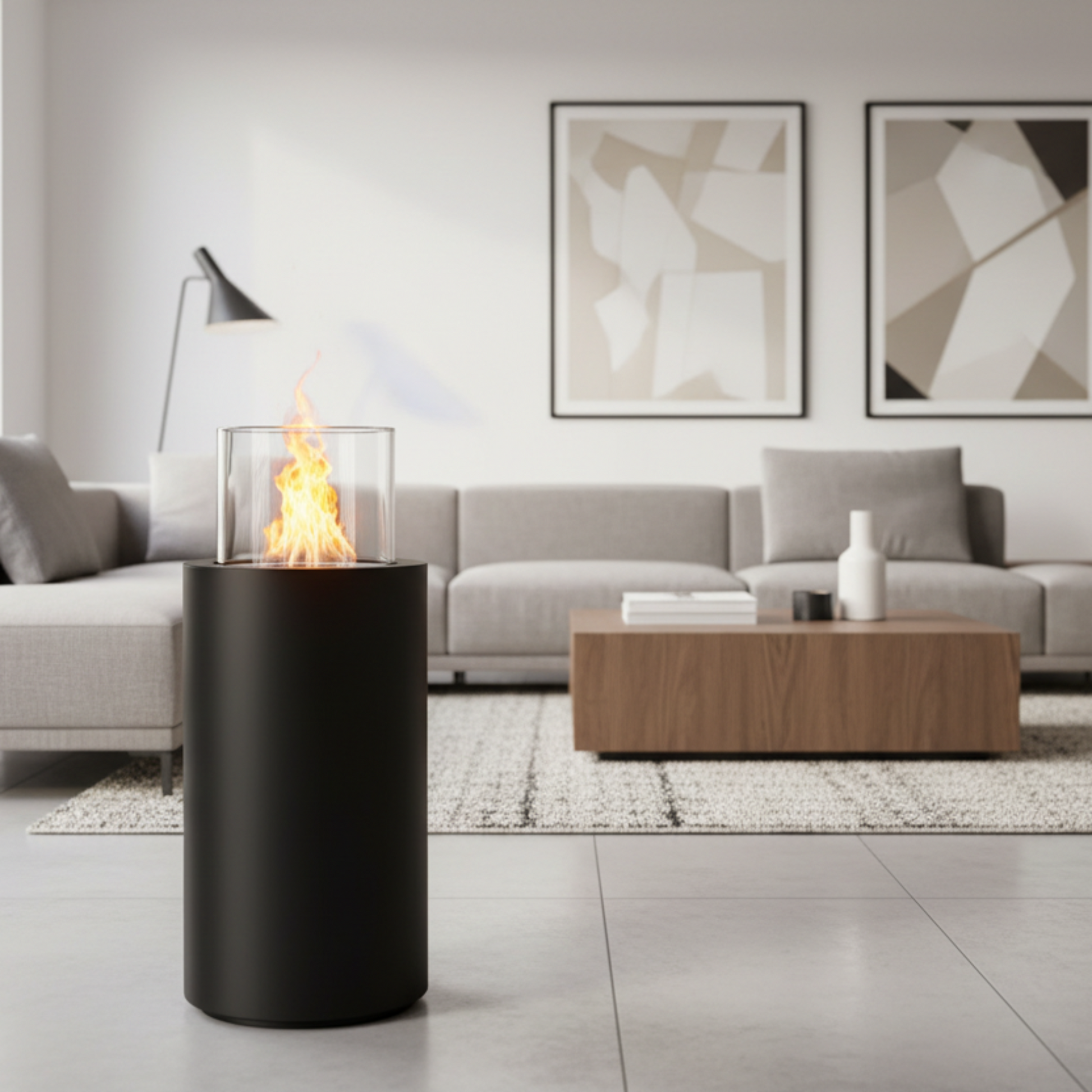 Scandiflames Black Dualis fire in modern grey sltting room