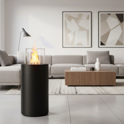 Scandiflames Black Dualis fire in modern grey sltting room