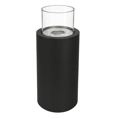 Black cylindrical Scandiflame Dualis bioethanol fire with a clear glass top on a white background