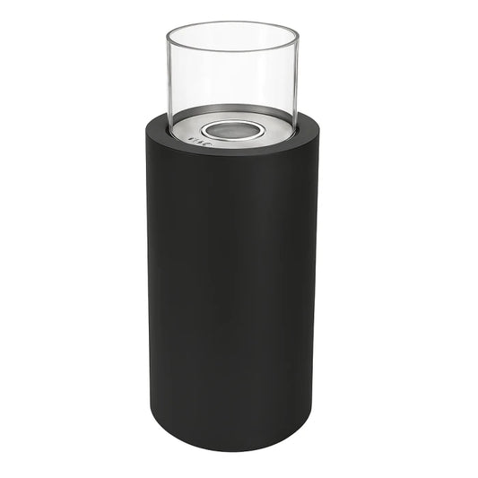 Black cylindrical Scandiflame Dualis bioethanol fire with a clear glass top on a white background