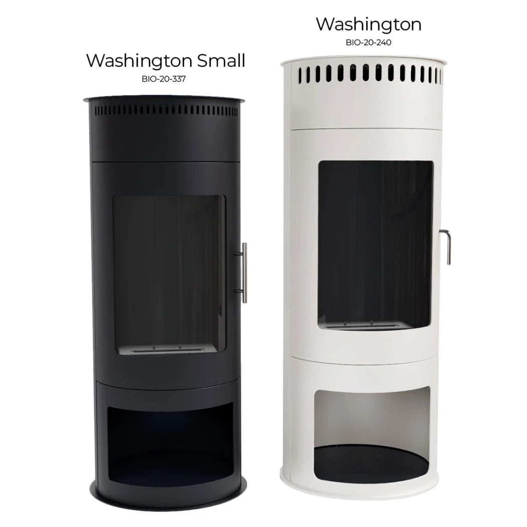 Two cylindrical fireplaces, one black and one white, labeled 'Washington Small' and 'Washington'.