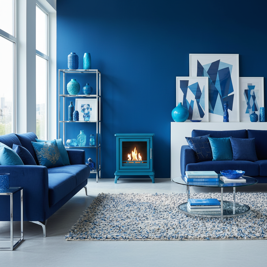 Modern living room with blue bioethanol stove, walls, furniture, and decor.