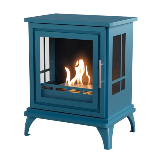Blue freestanding fireplace with visible flames on a white background
