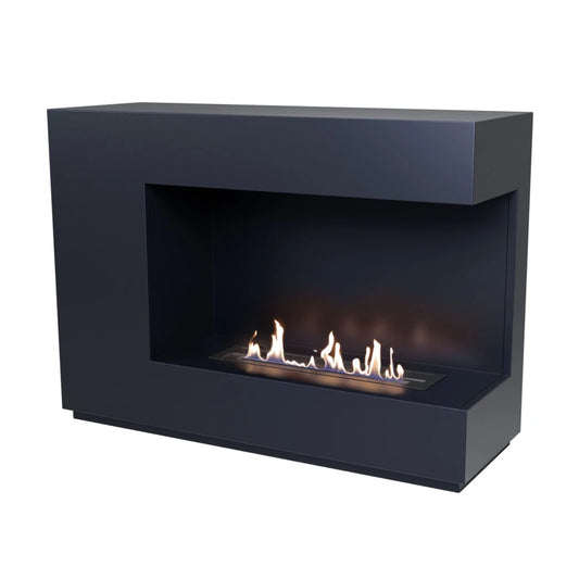 Modern black fireplace with flames on a white background