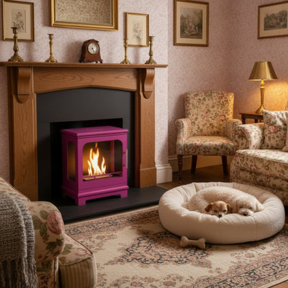 Pink freestanding fireplace with visible flames in a chintzy front room with a dogbed containing two dogs on the rug.
