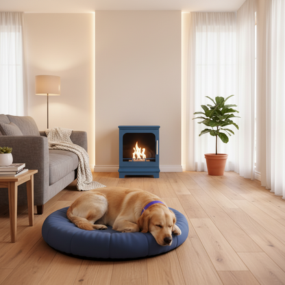 Blue freestanding fireplace with visible flames on a white background