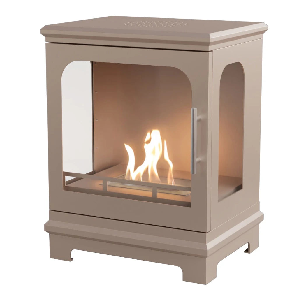 Beige freestanding stove with visible flames on a white background