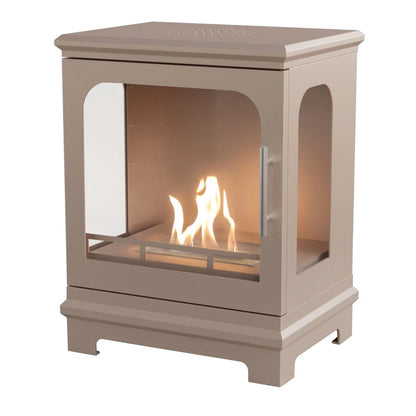 Beige freestanding stove with visible flames on a white background