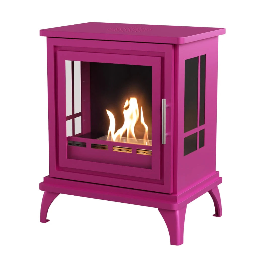 Pink freestanding fireplace with flames inside on a white background