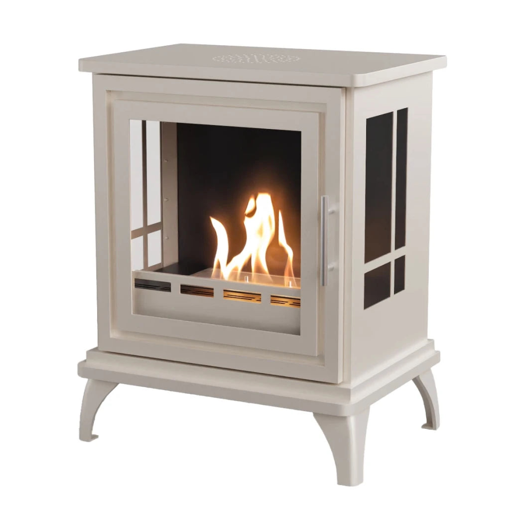Oyster white freestanding stove with visible flames on a white background