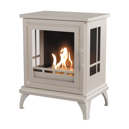 Oyster white freestanding stove with visible flames on a white background