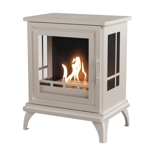 Oyster white freestanding stove with visible flames on a white background