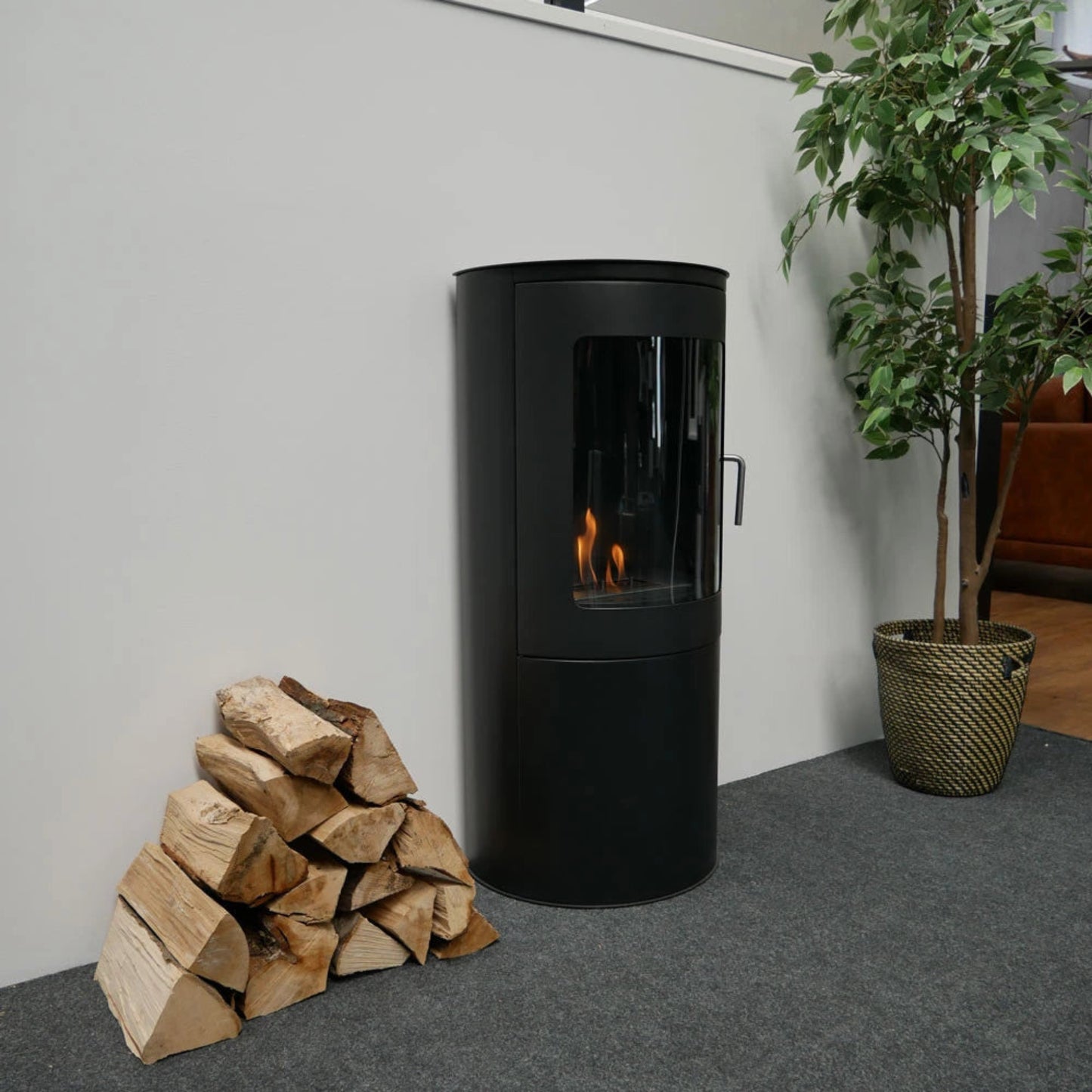 Black freestanding stove with logs and a plant in a room setting