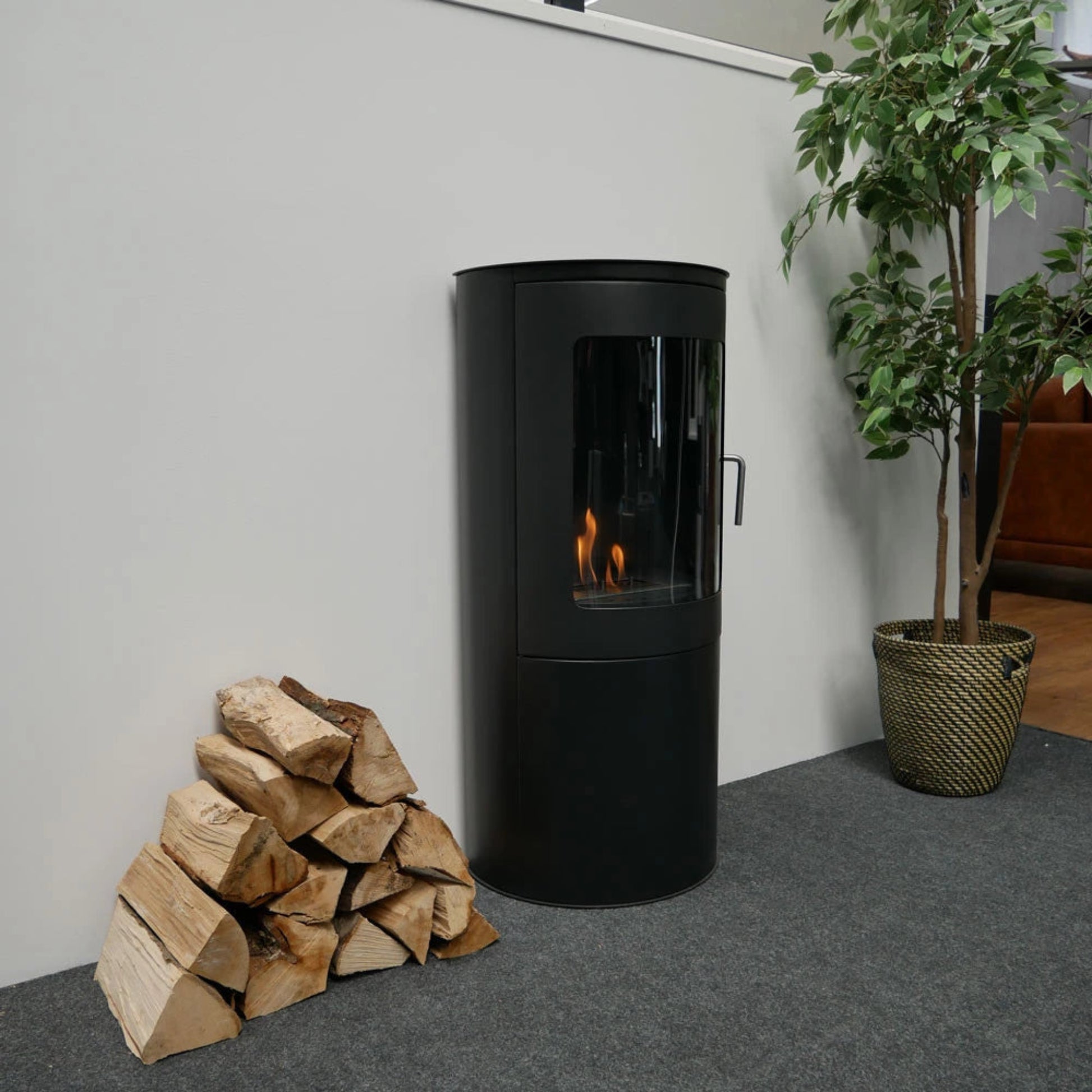 Black freestanding stove with logs and a plant in a room setting