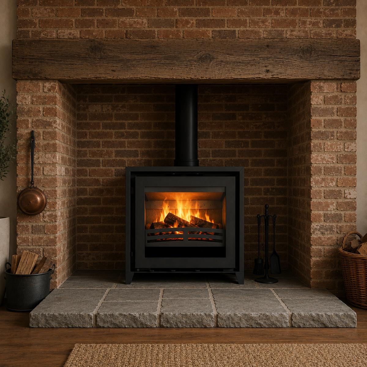 Bristol Stove Co Explorer 7f freestanding multifuel stove with 50mm feet in a brick fireplace