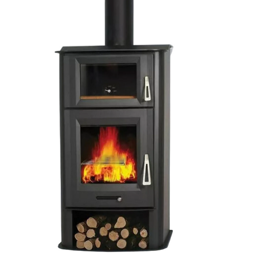 Wood-burning Bronpi Tudela stove & oven  with flames and logs on a white background.