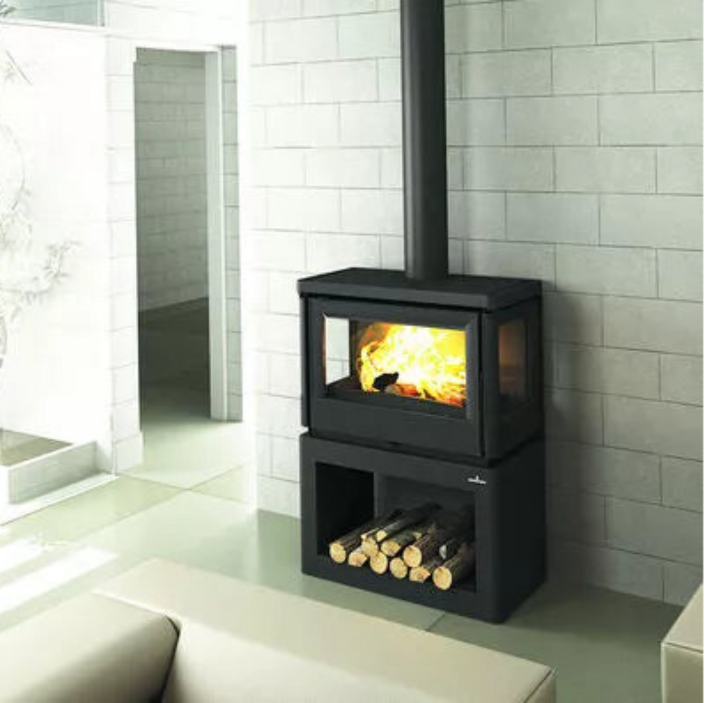 Modern Bonpi Versalles Vision wood stove in a room with door and white walls.