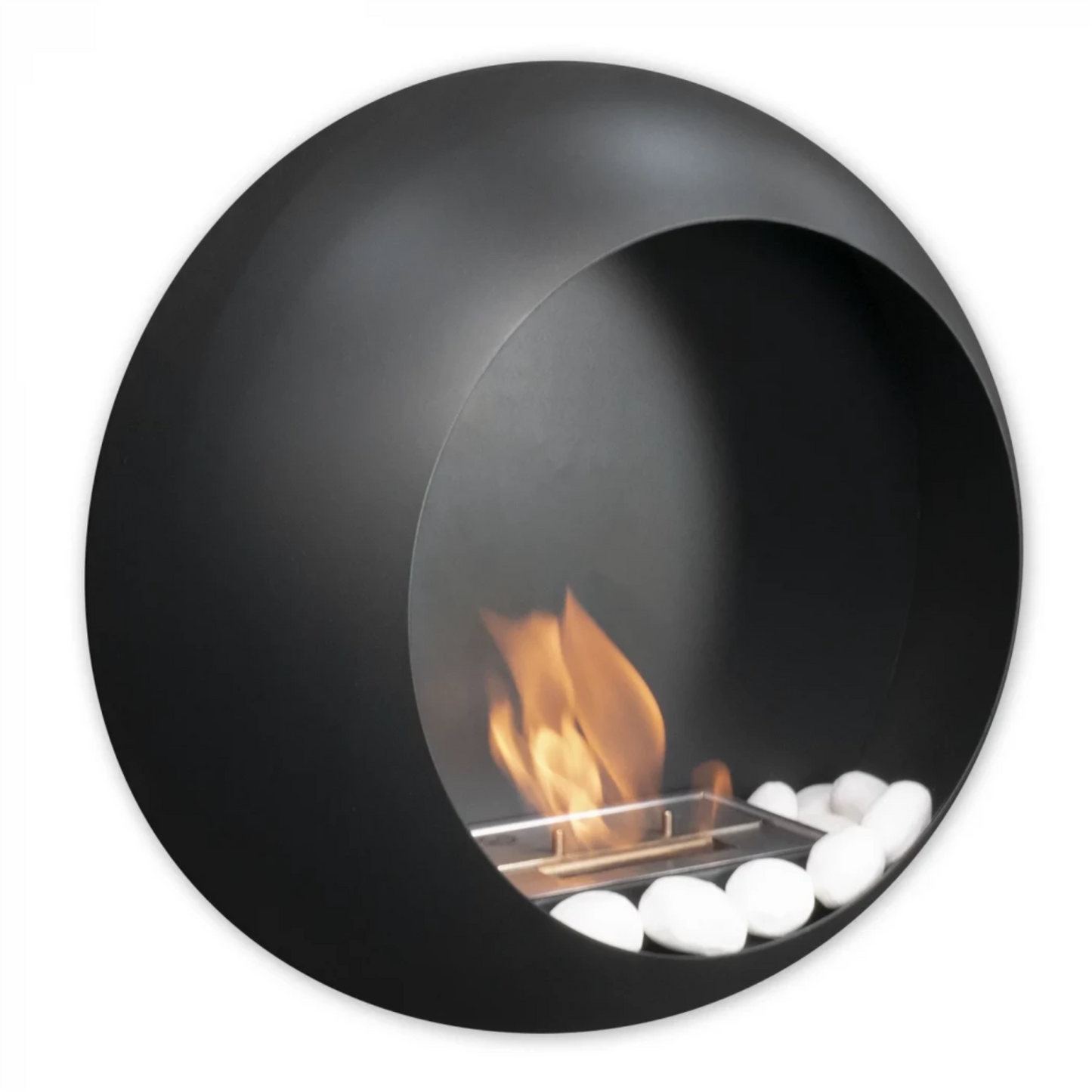 Scandiflames Colarado round wall mounted bioethanol fire with white pebbles in on a white background