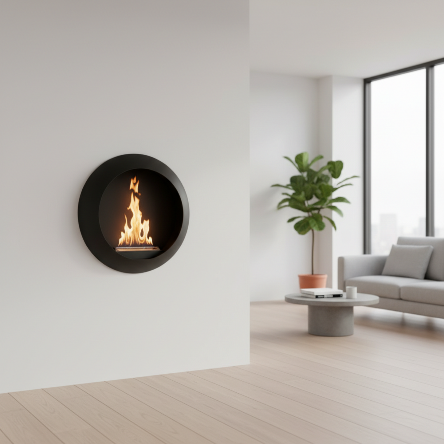 Scandiflames Colarado round wall mounted bioethanol fire on a white wall in an appartment