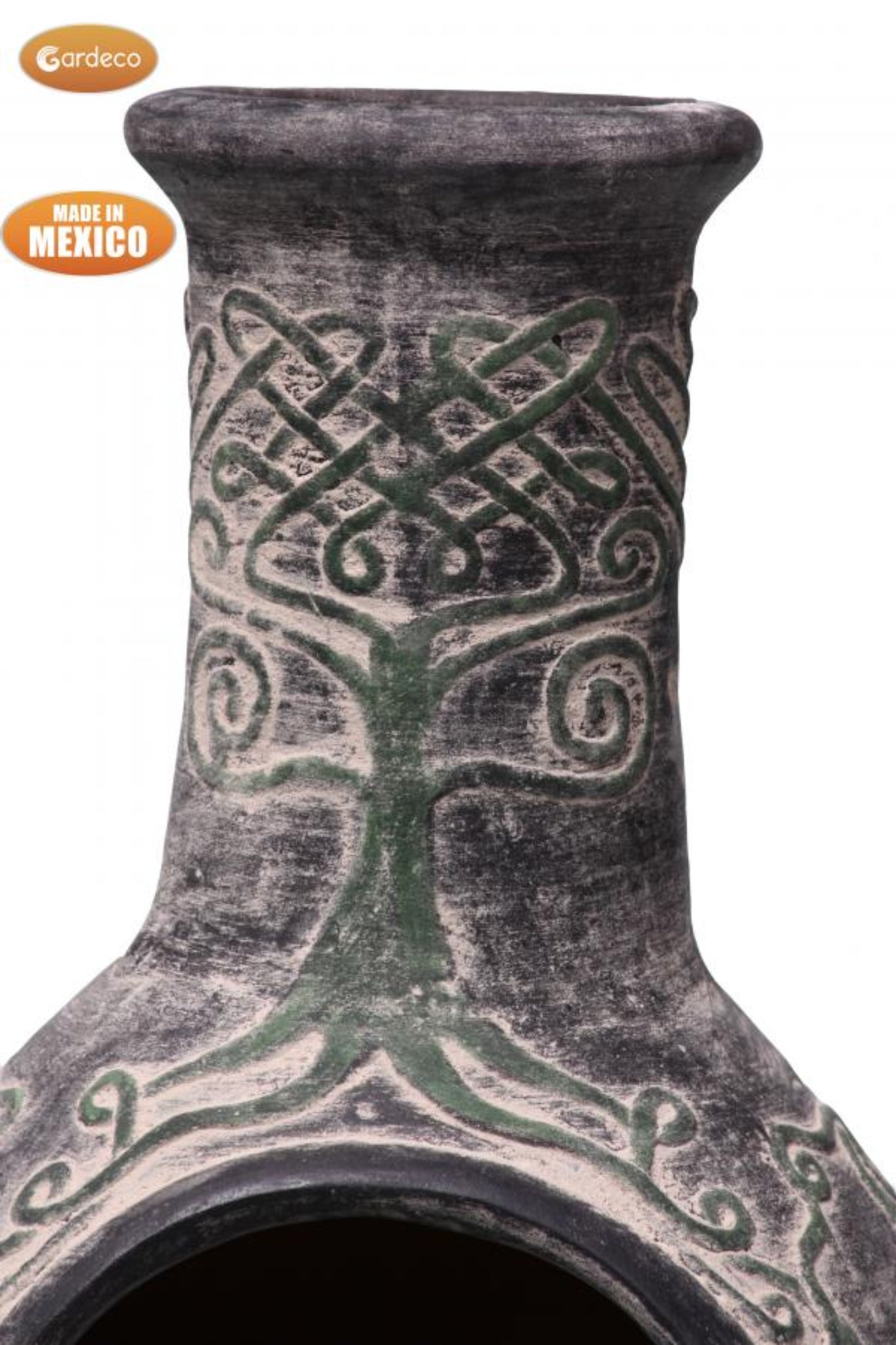 Close up of Derwyn The Tree Celtic Mexican Chiminea | Charcoal Grey with tree of life design and 'Made in Mexico' label.