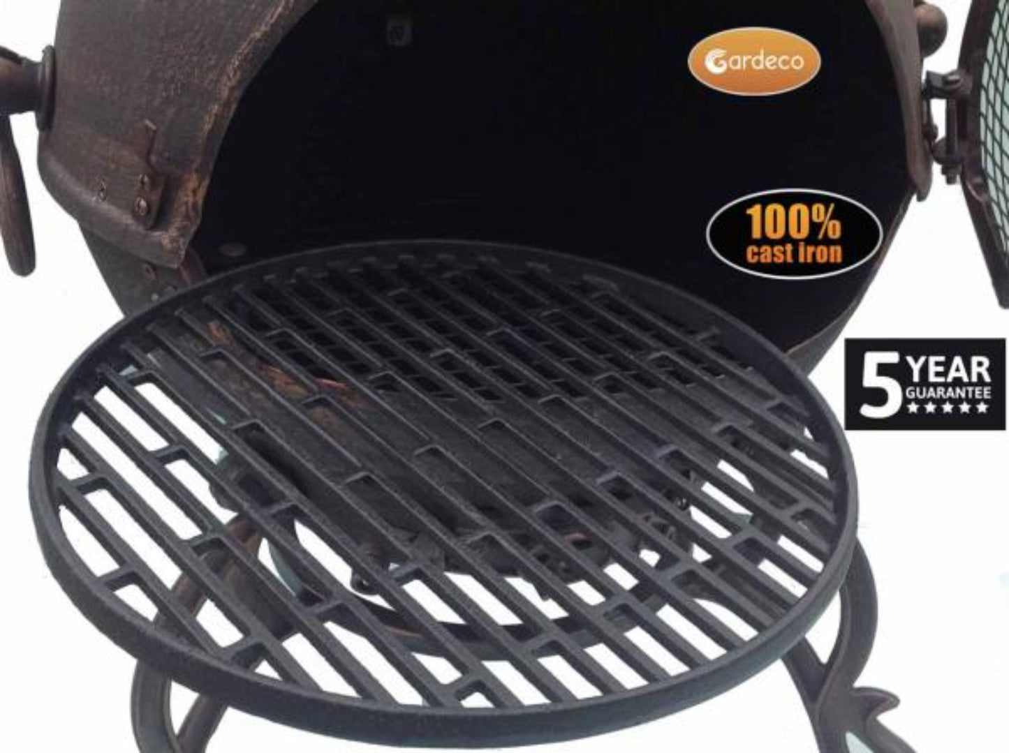 Cast iron grill grate on the Toledo large cast iron chimenea in bronze with Gardeco branding and 5-year guarantee badge.