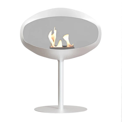 Cocoon Pedestal Freestanding Bioethanol Fireplace - White with visible flames on white background