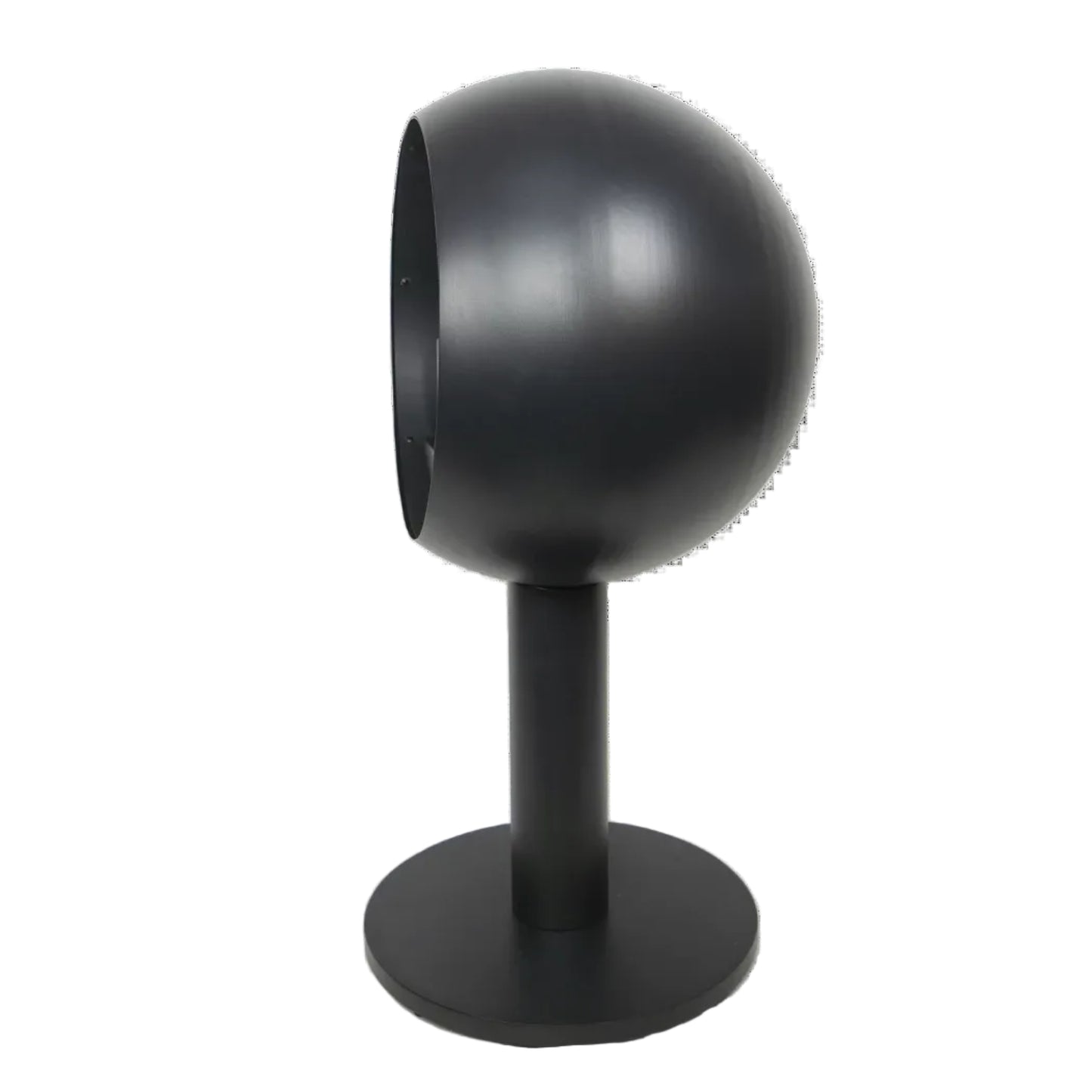 Black spherical bio-ethanol stove on a stand against a white background