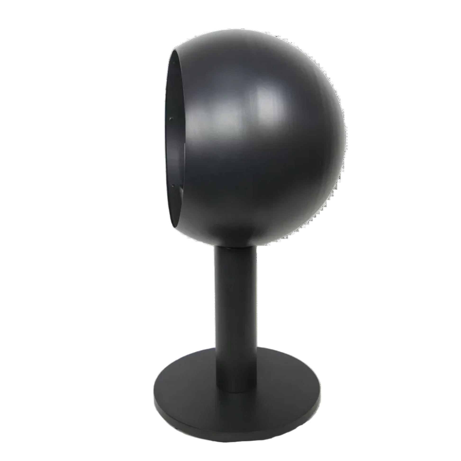 Black spherical bio-ethanol stove on a stand against a white background