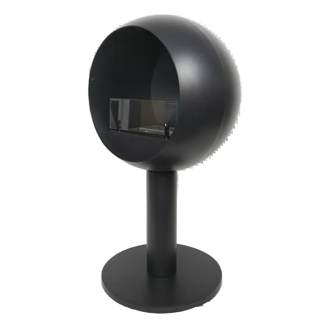 Black spherical ScandiFlames Edmonton Freestanding Bioethanol Fireplace against a white background