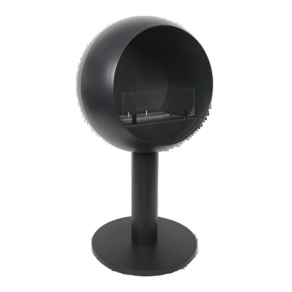 Black spherical bio-ethanol fire on a stand against a white background