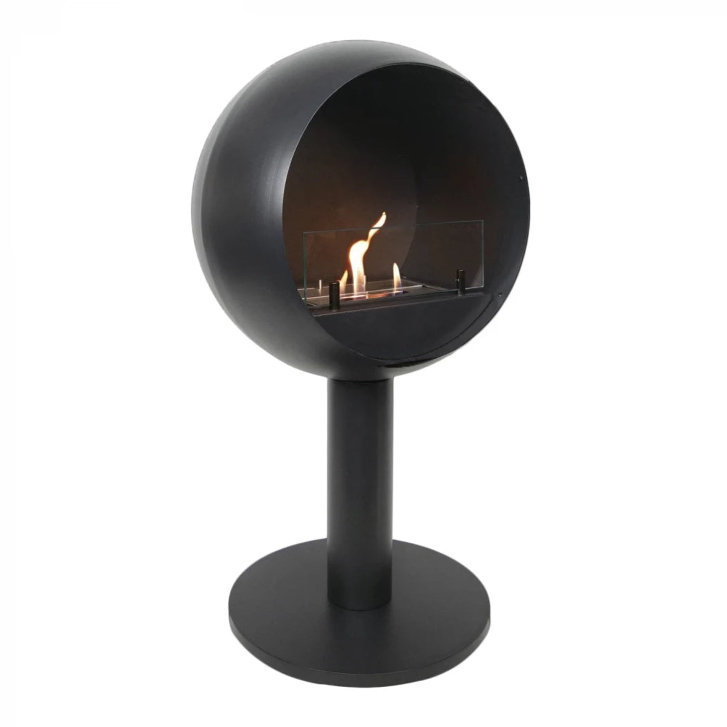 Black spherical bioethanol fireplace with visible flames on a white background