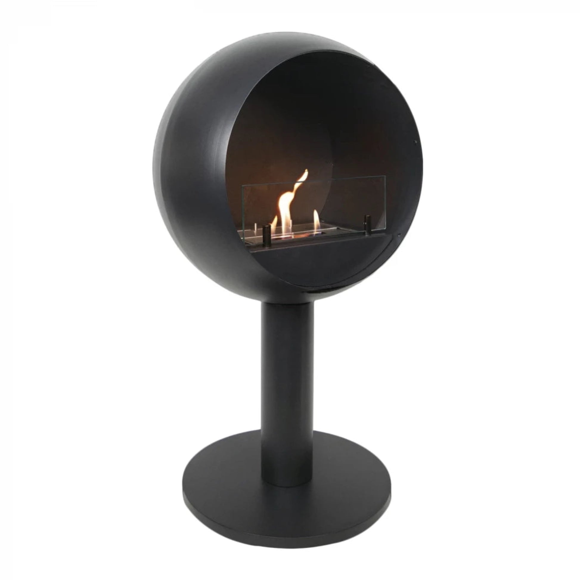 Black spherical bioethanol fireplace with visible flames on a white background