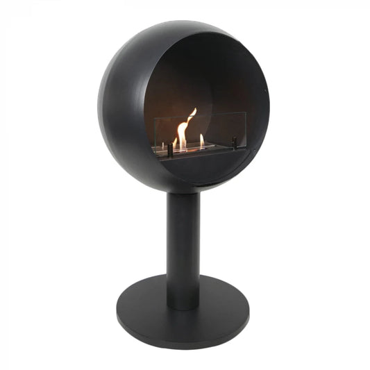Black spherical bioethanol fireplace with visible flames on a white background