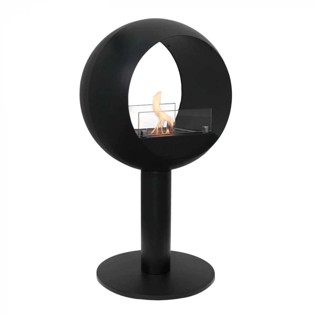 Modern black freestanding fireplace on a white background