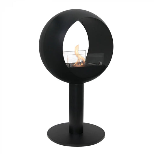 Modern black freestanding fireplace on a white background