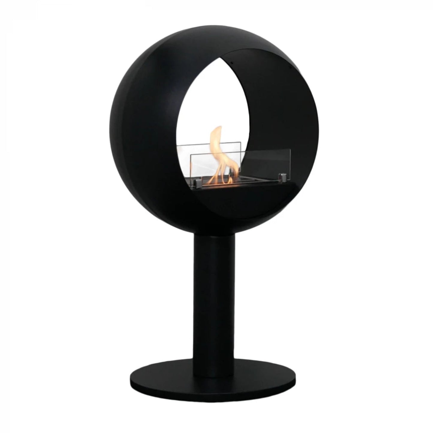 Modern black freestanding fireplace on a white background