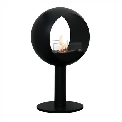 Modern black freestanding fireplace on a white background