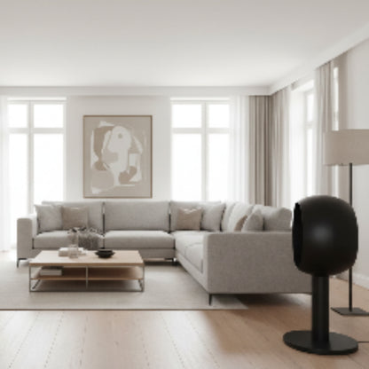 Black edmonton_pedestal_twosided on a stand against a white background