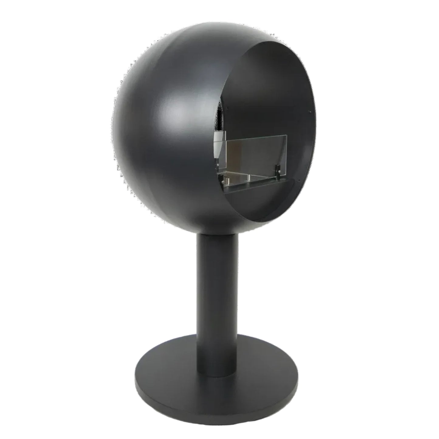 Black edmonton_pedestal_twosided stove against a white background