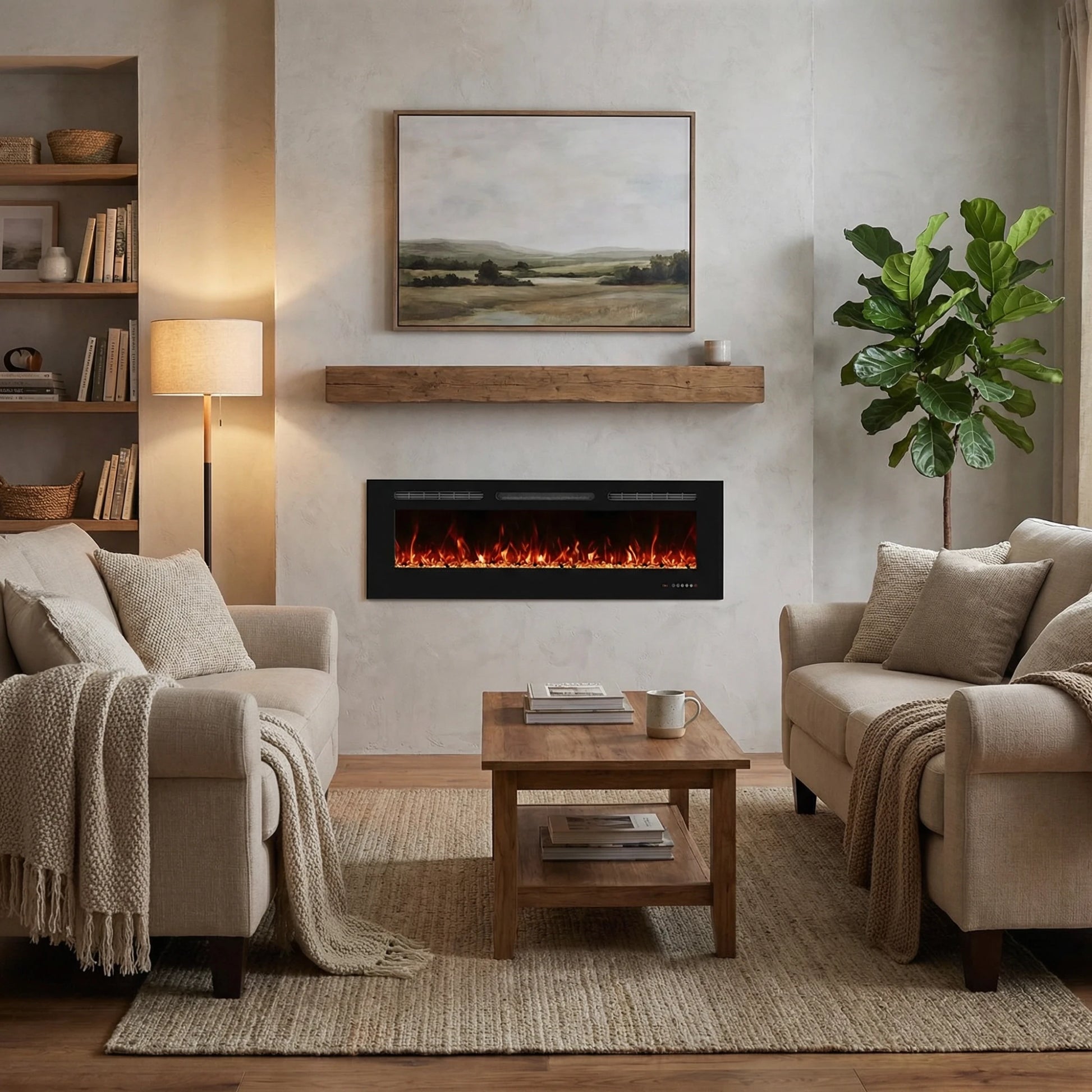 Living room with beige sofa, wooden coffee table, and electric fireplace.