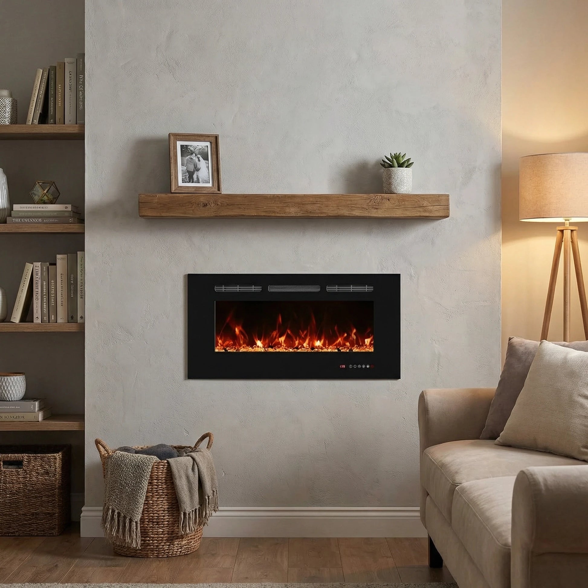 Living room with electric fireplace, bookshelf, and sofa.