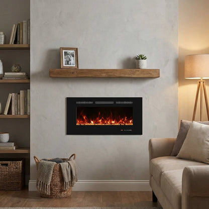 Living room with electric fireplace, bookshelf, and sofa.