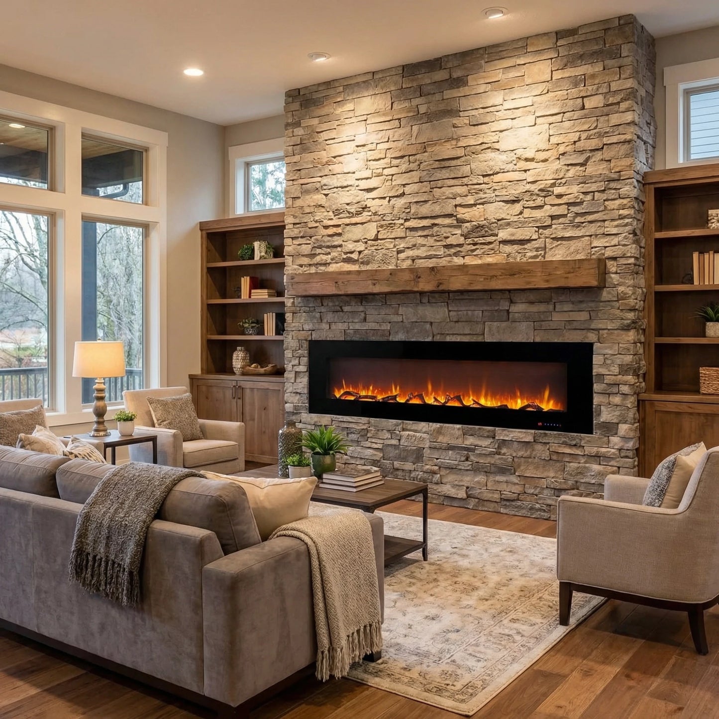Living room with stone fireplace, bookshelves, and comfortable seating.