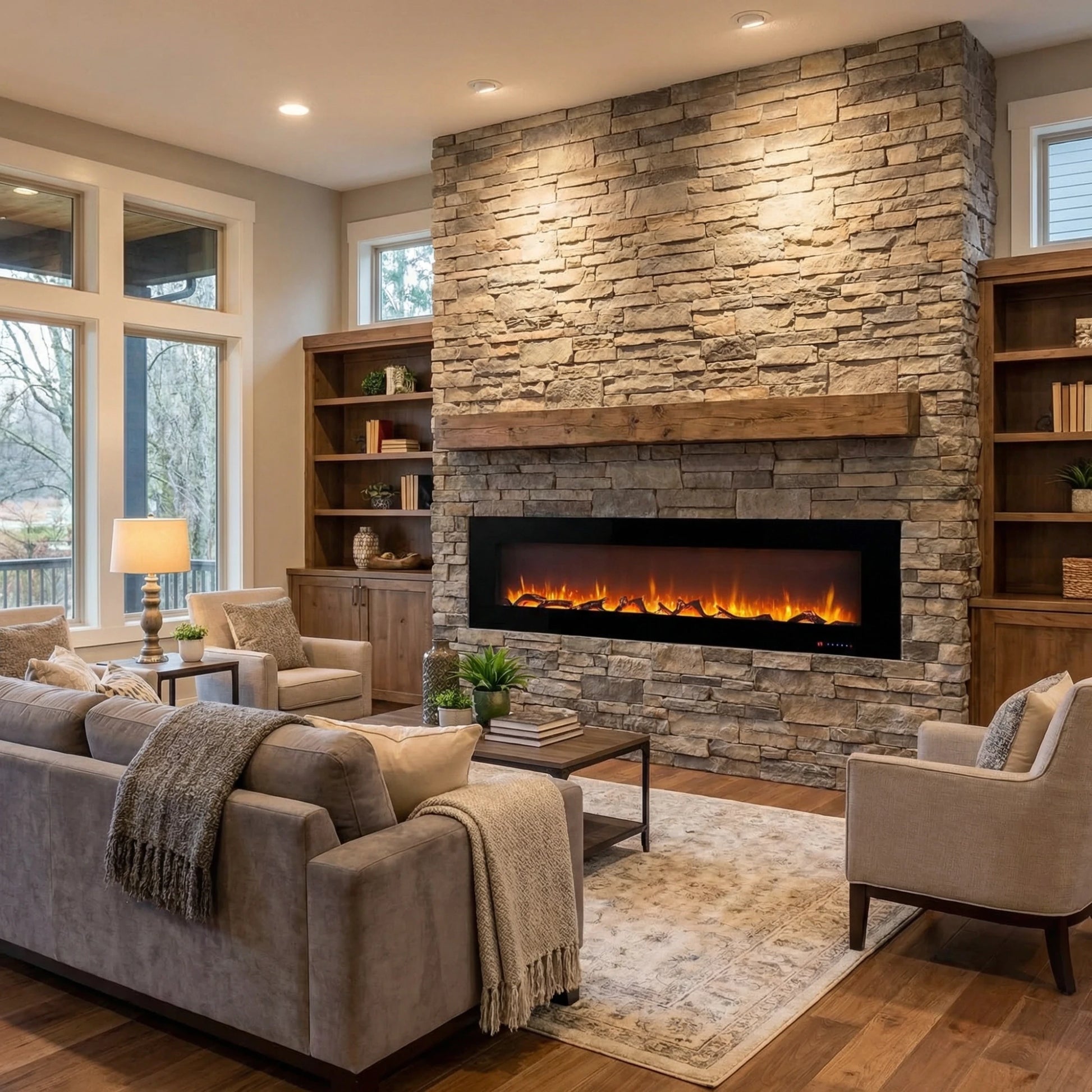 Living room with stone fireplace, bookshelves, and comfortable seating.